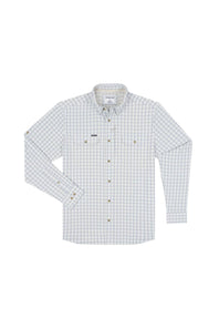 A long-sleeve button-down shirt, featuring a white base with a fine green and orange windowpane check pattern. The shirt includes a pointed collar, a button-down front, and two chest pockets with button closures.