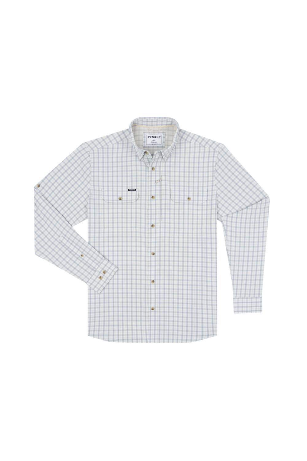 A long-sleeve button-down shirt, featuring a white base with a fine green and orange windowpane check pattern. The shirt includes a pointed collar, a button-down front, and two chest pockets with button closures.