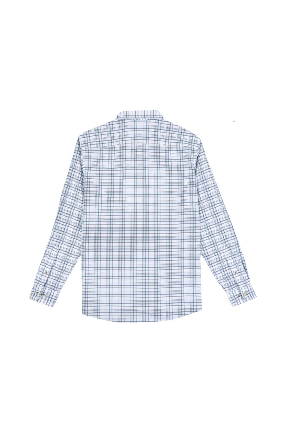 A long-sleeve button-up shirt with a blue and white windowpane plaid pattern, featuring a pointed collar, button-down front, and two chest pockets with button closures.