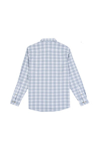 A long-sleeve button-up shirt with a blue and white windowpane plaid pattern, featuring a pointed collar, button-down front, and two chest pockets with button closures.