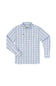 A long-sleeve button-up shirt with a blue and white windowpane plaid pattern, featuring a pointed collar, button-down front, and two chest pockets with button closures.