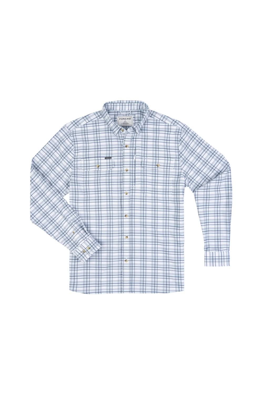 A long-sleeve button-up shirt with a blue and white windowpane plaid pattern, featuring a pointed collar, button-down front, and two chest pockets with button closures.