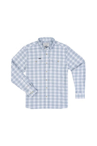 A long-sleeve button-up shirt with a blue and white windowpane plaid pattern, featuring a pointed collar, button-down front, and two chest pockets with button closures.