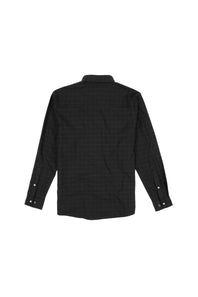 A black long-sleeve button-up shirt with a subtle fine grid pattern, shown from the back on a solid white background.