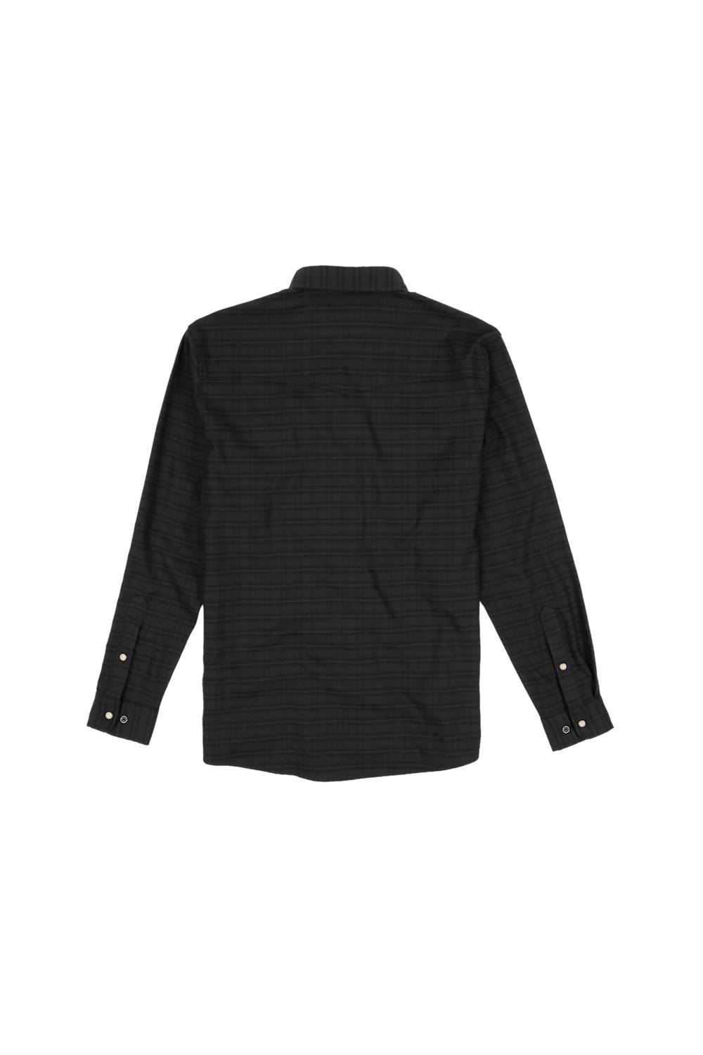 A black long-sleeve button-up shirt with a subtle fine grid pattern, shown from the back on a solid white background.