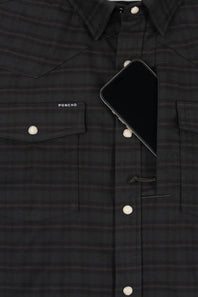 Close-up of a dark charcoal plaid button-up shirt with a smartphone tucked into one of the chest pockets. The brand name 'PONCHO' is printed in white on the left chest pocket.
