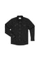 A black long-sleeve button-down shirt with a subtle grid pattern, featuring two buttoned chest pockets and a pointed collar, laid flat on a white background.