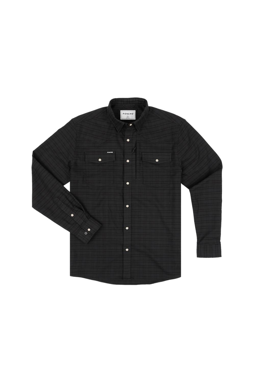 A black long-sleeve button-down shirt with a subtle grid pattern, featuring two buttoned chest pockets and a pointed collar, laid flat on a white background.