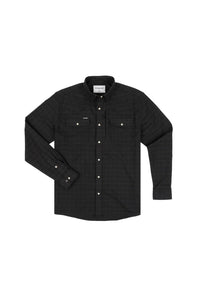 A black long-sleeve button-down shirt with a subtle grid pattern, featuring two buttoned chest pockets and a pointed collar, laid flat on a white background.