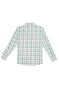 A long-sleeve plaid button-up shirt shown from the back, featuring a light blue, beige, and white checkered pattern on a solid white background.