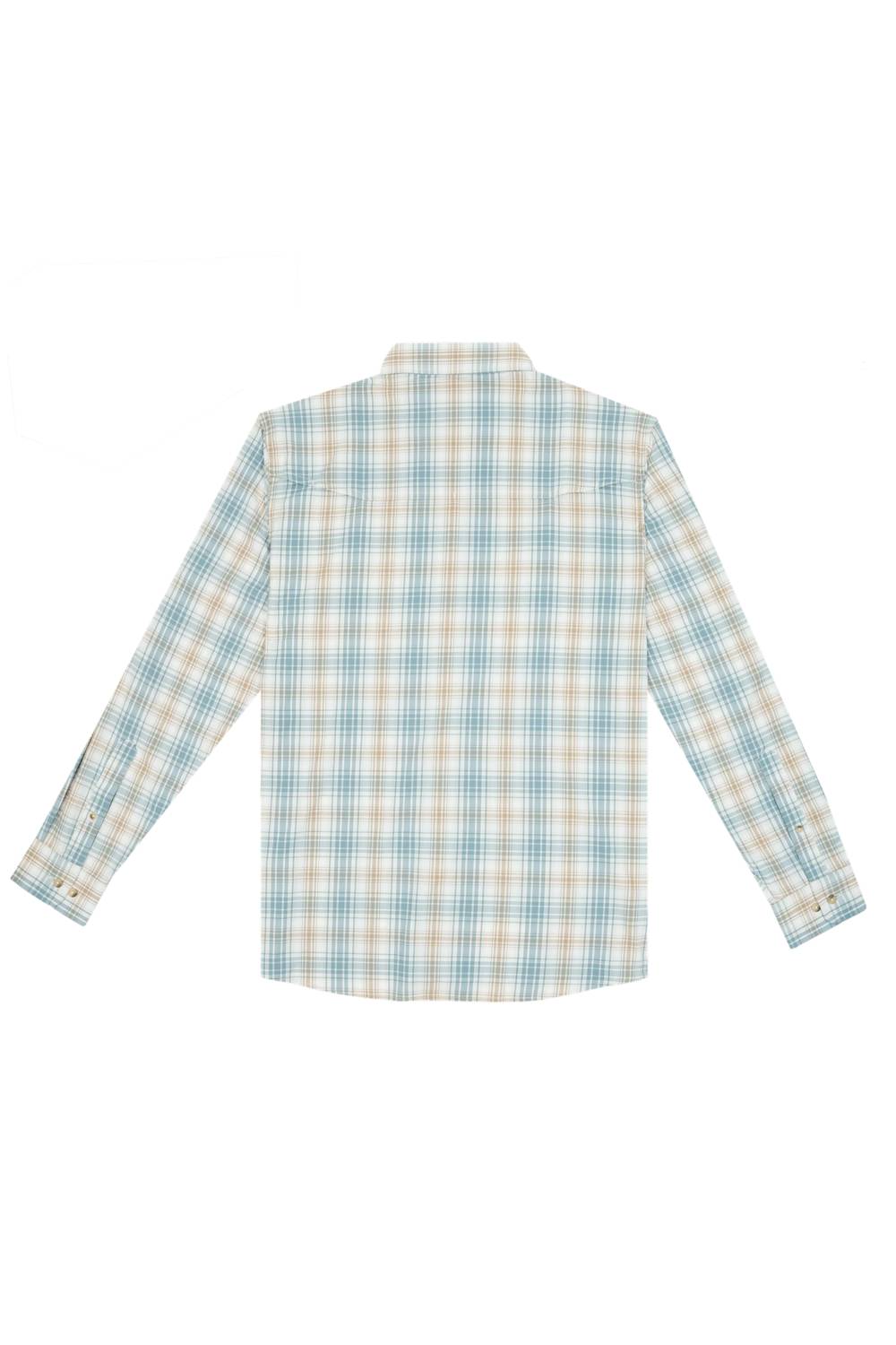 A long-sleeve plaid button-up shirt shown from the back, featuring a light blue, beige, and white checkered pattern on a solid white background.