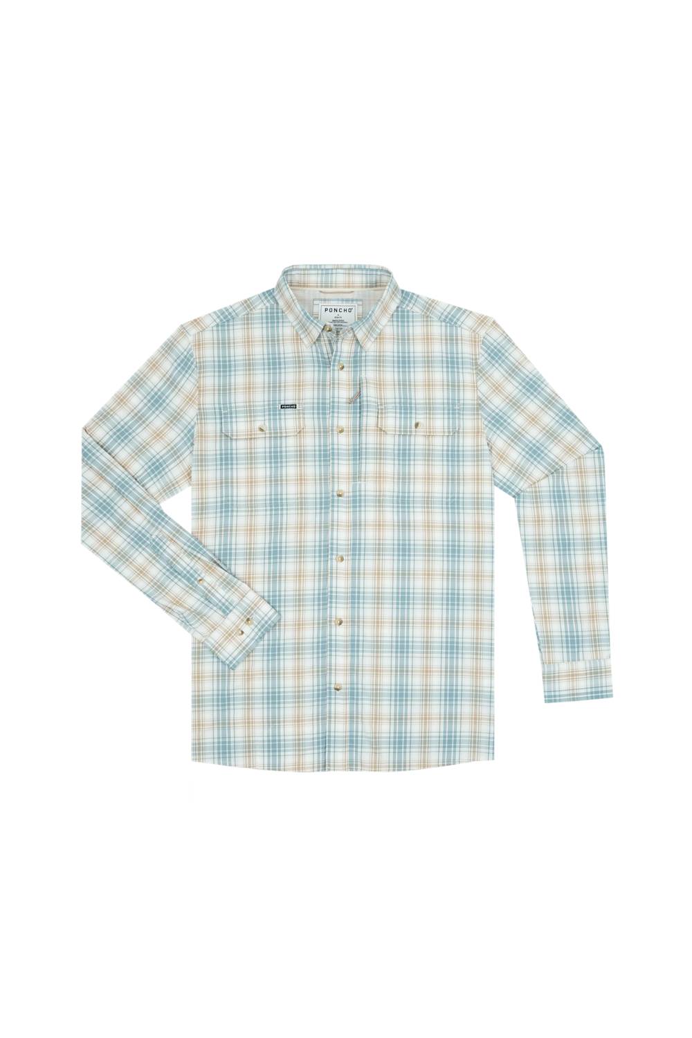 A long-sleeve plaid button-down shirt in a light blue, beige, and white pattern, displayed flat against a solid white background.