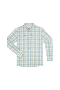A long-sleeve plaid button-down shirt in a light blue, beige, and white pattern, displayed flat against a solid white background.