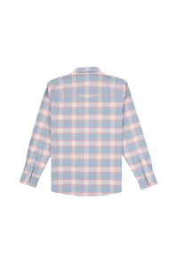 A long-sleeve plaid button-up shirt shown from the back, featuring a light blue base with white and pink intersecting plaid lines, displayed on a solid white background.