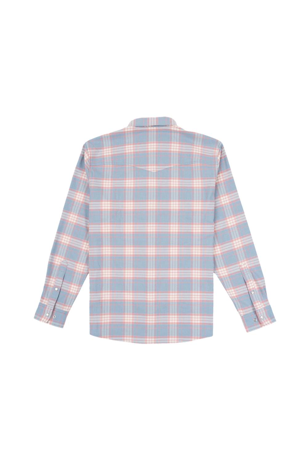A long-sleeve plaid button-up shirt shown from the back, featuring a light blue base with white and pink intersecting plaid lines, displayed on a solid white background.
