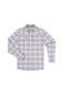 A long-sleeve button-up shirt with a light blue, pink, and white plaid pattern, featuring two chest flap pockets, displayed on a solid white background.