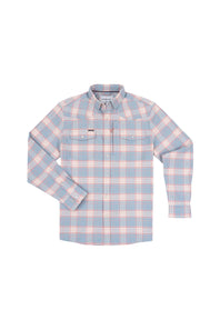A long-sleeve button-up shirt with a light blue, pink, and white plaid pattern, featuring two chest flap pockets, displayed on a solid white background.