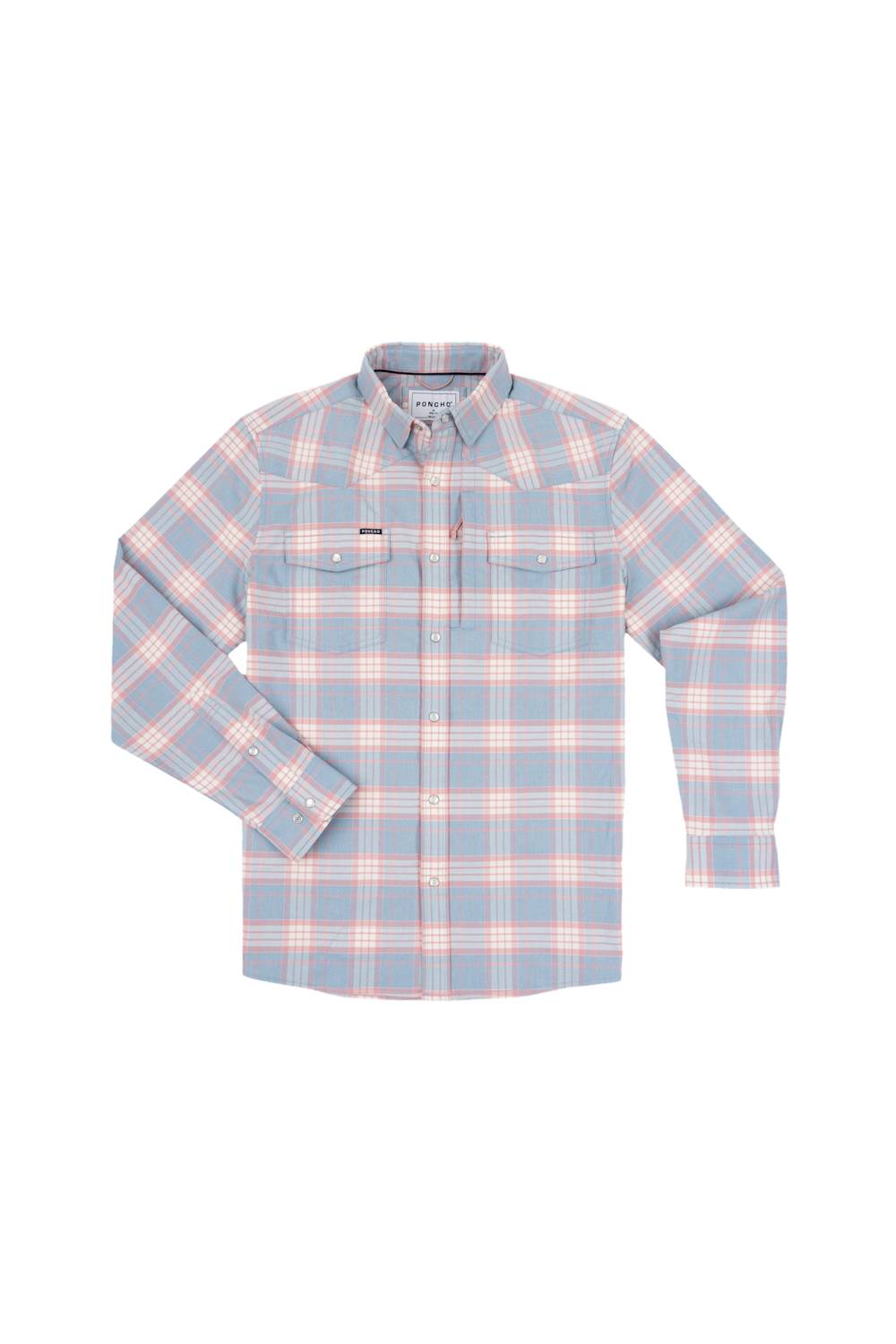 A long-sleeve button-up shirt with a light blue, pink, and white plaid pattern, featuring two chest flap pockets, displayed on a solid white background.