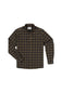 A long-sleeve button-up flannel shirt with a dark brown and black plaid pattern, featuring a classic collar and two chest pockets, displayed flat against a solid white background.