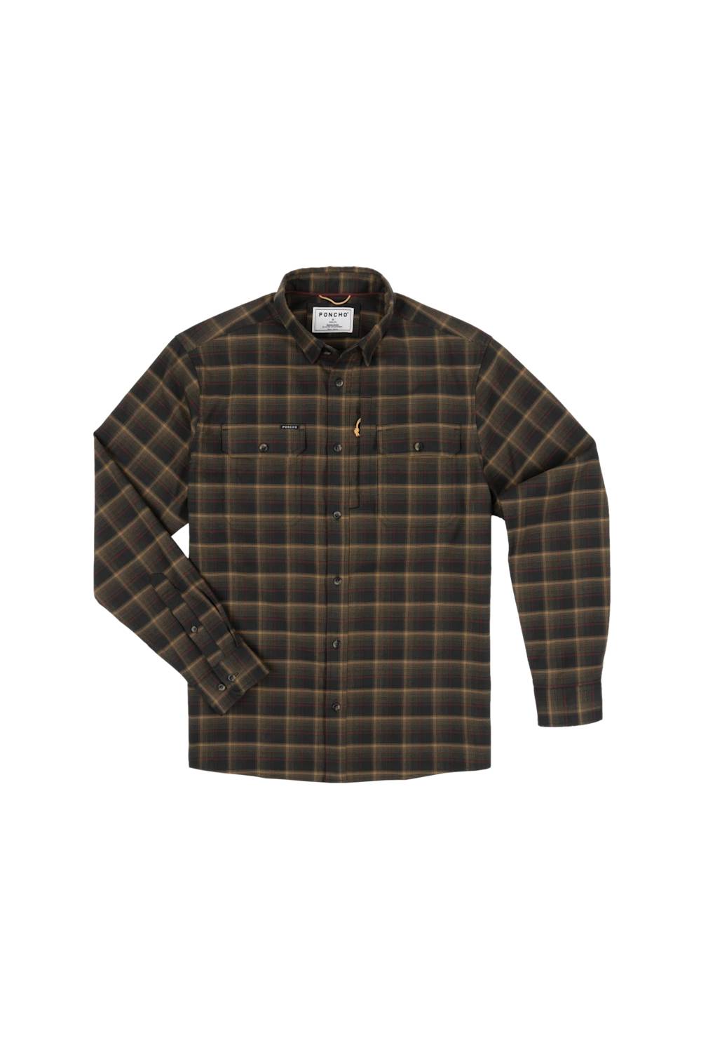 A long-sleeve button-up flannel shirt with a dark brown and black plaid pattern, featuring a classic collar and two chest pockets, displayed flat against a solid white background.