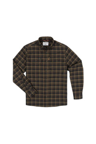 A long-sleeve button-up flannel shirt with a dark brown and black plaid pattern, featuring a classic collar and two chest pockets, displayed flat against a solid white background.