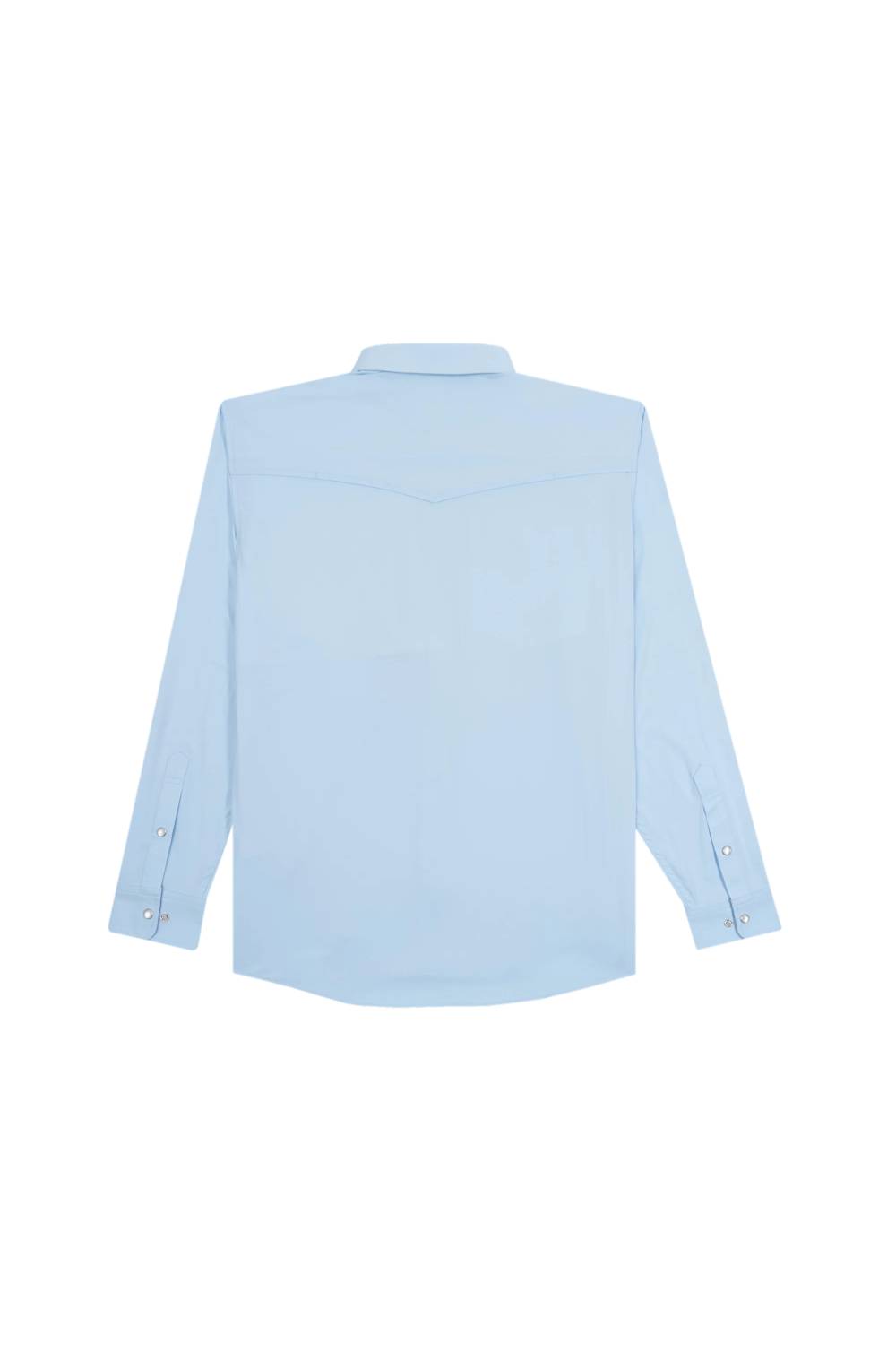 A light blue long-sleeve button-down shirt shown from the back, laid flat against a solid white background.