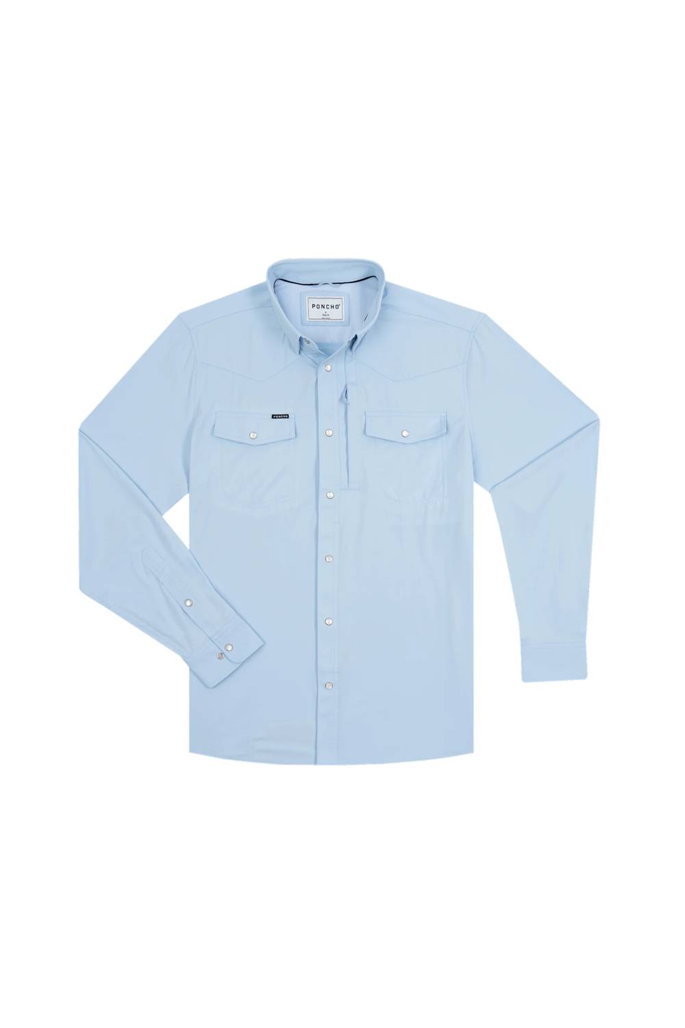 A light blue long-sleeve button-up shirt with two chest flap pockets, laid flat on a white background.