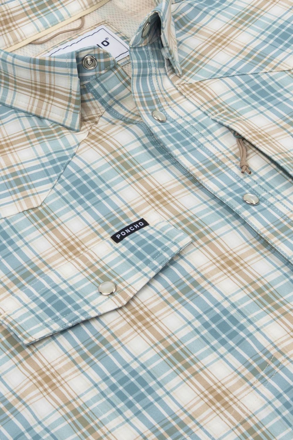 A close-up of a plaid button-down shirt by Donluo, featuring a light blue, beige, and white checkered pattern with a single chest pocket and silver snap buttons.
