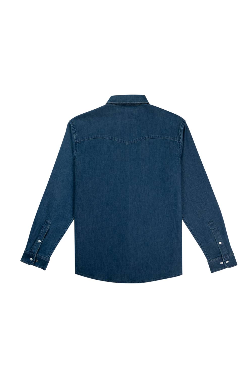 A dark blue denim long-sleeve shirt shown from the back, featuring a collar and buttoned cuffs, displayed on a solid white background.