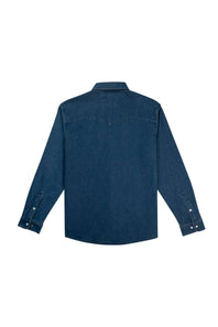 A dark blue denim long-sleeve shirt shown from the back, featuring a collar and buttoned cuffs, displayed on a solid white background.