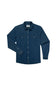 A dark blue denim long-sleeve button-up shirt with two chest flap pockets, displayed flat against a solid white background.