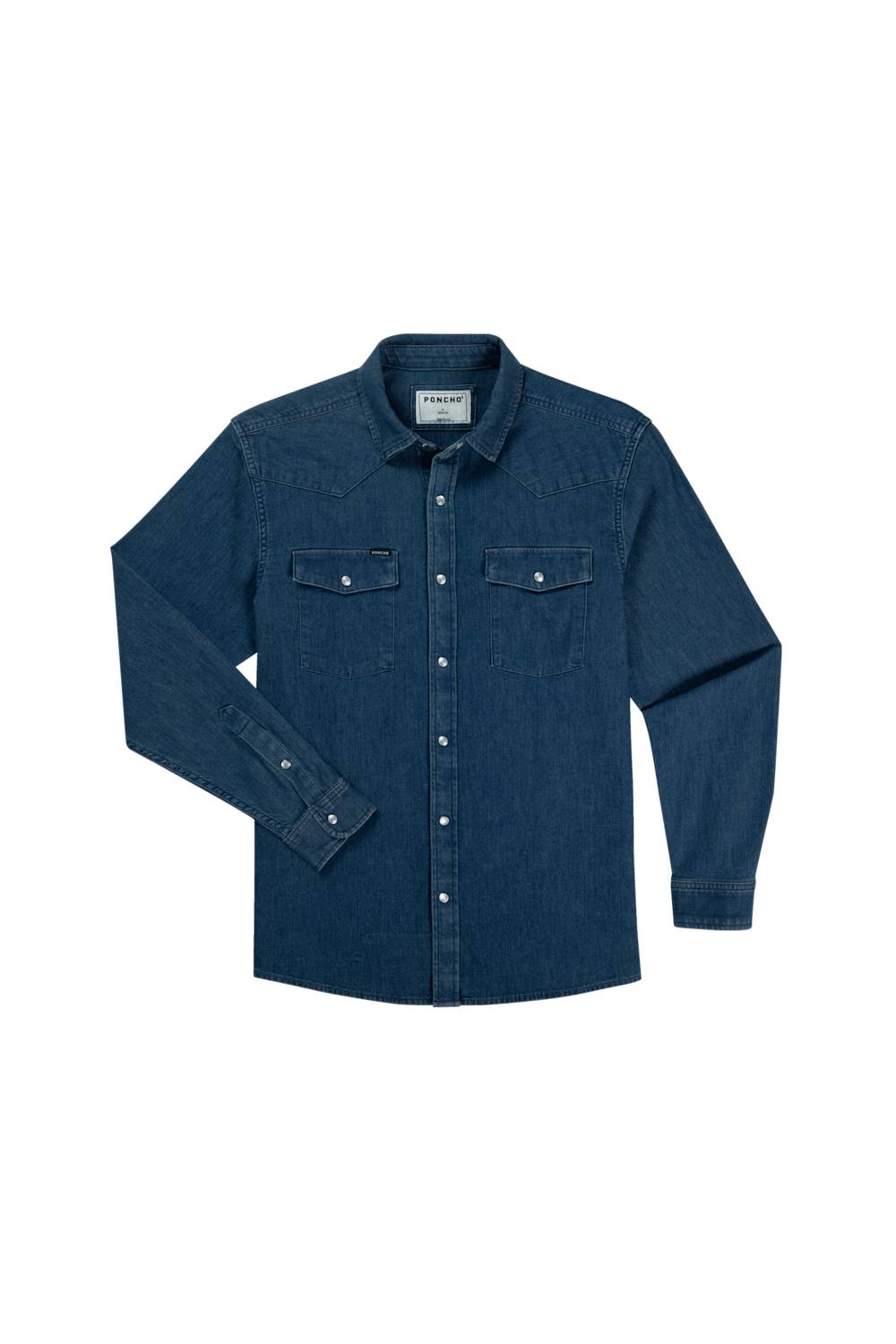 A dark blue denim long-sleeve button-up shirt with two chest flap pockets, displayed flat against a solid white background.