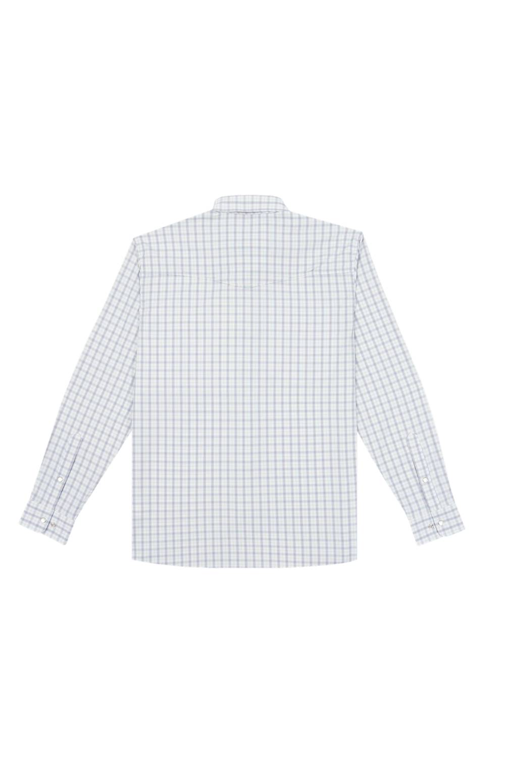 A long-sleeve button-up shirt with a fine blue and white grid check pattern, shown from the back on a plain white background.