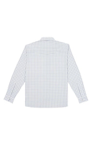 A long-sleeve button-up shirt with a fine blue and white grid check pattern, shown from the back on a plain white background.