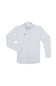 A long-sleeve button-down shirt with a fine white and light blue grid pattern, featuring a pointed collar, button front, and two chest pockets, displayed flat against a white background.