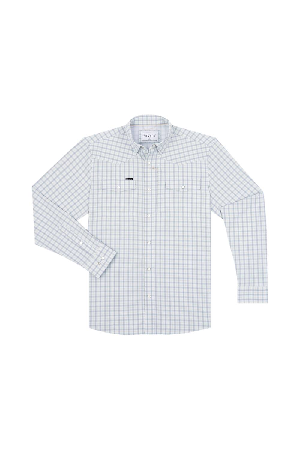 A long-sleeve button-down shirt with a fine white and light blue grid pattern, featuring a pointed collar, button front, and two chest pockets, displayed flat against a white background.
