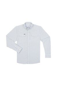 A long-sleeve button-down shirt with a fine white and light blue grid pattern, featuring a pointed collar, button front, and two chest pockets, displayed flat against a white background.
