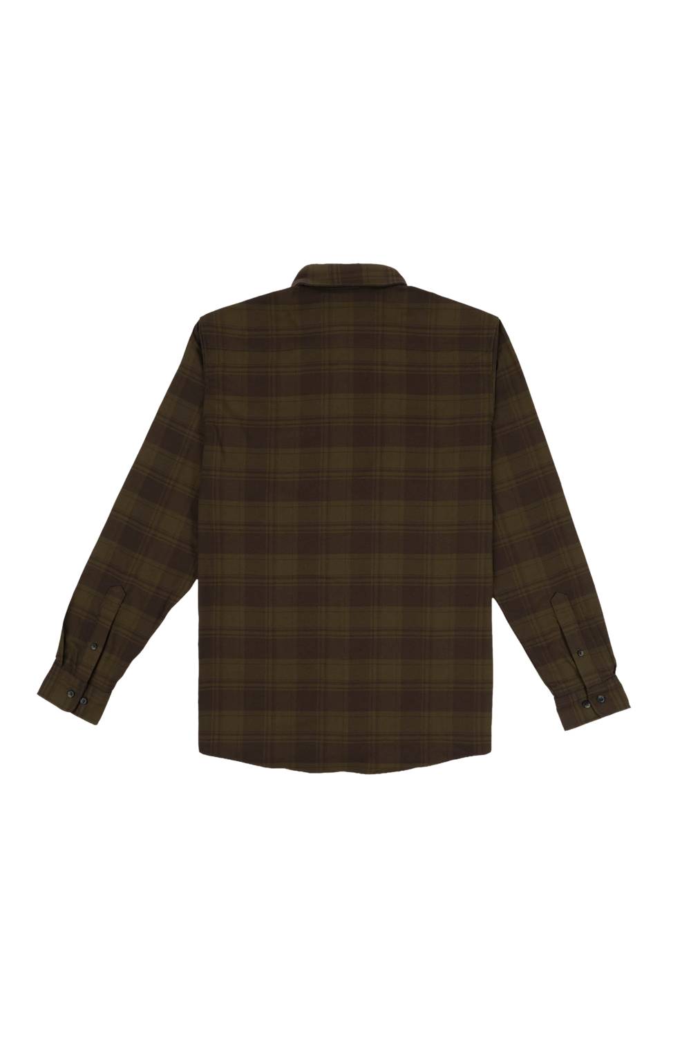 A long-sleeve button-up shirt with a dark brown and black plaid pattern, shown from the back on a plain white background.