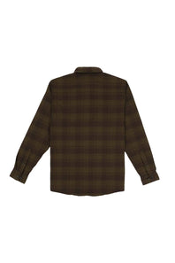 A long-sleeve button-up shirt with a dark brown and black plaid pattern, shown from the back on a plain white background.