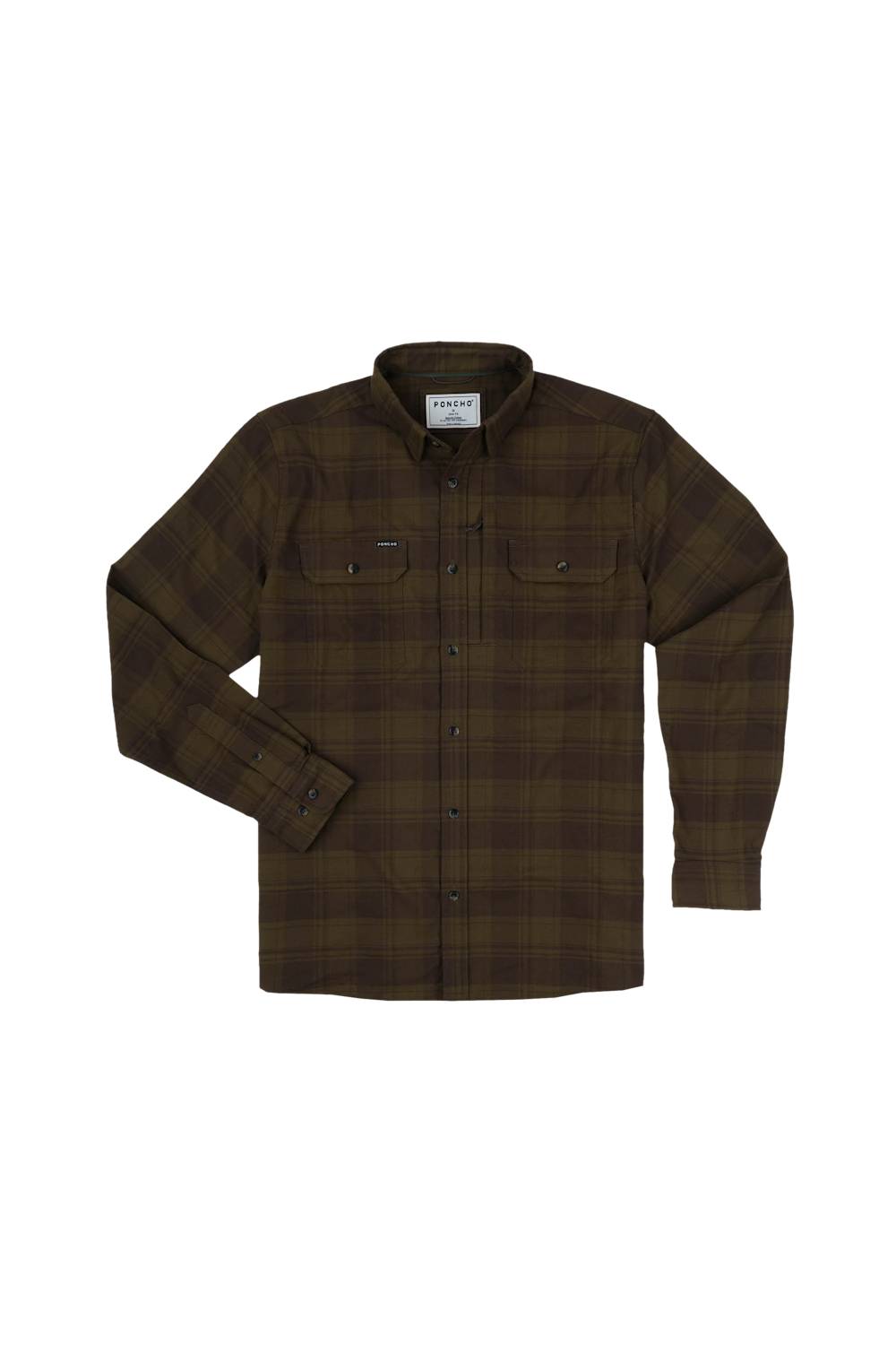 A dark brown and black plaid button-down shirt jacket with two chest flap pockets, displayed flat against a solid white background.