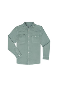 A sage green long-sleeve western-style button-up shirt with two chest pockets, laid flat on a white background.