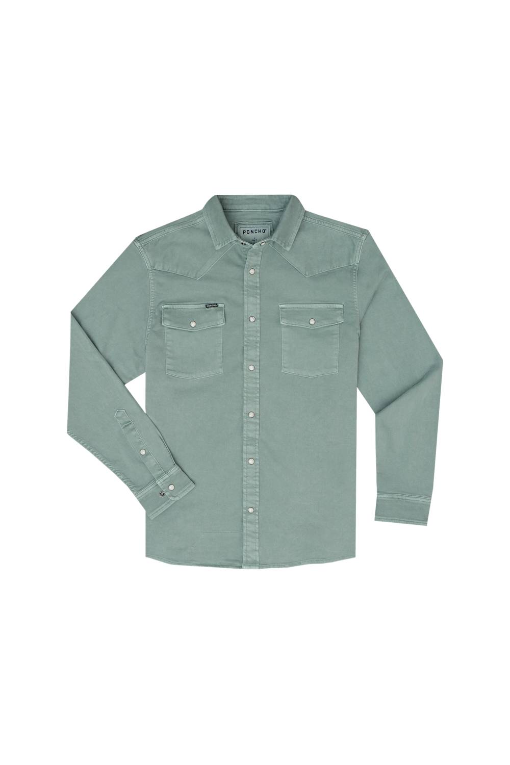 A sage green long-sleeve western-style button-up shirt with two chest pockets, laid flat on a white background.