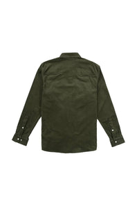 An olive green long-sleeve button-up shirt shown from the back, laid flat against a solid white background.