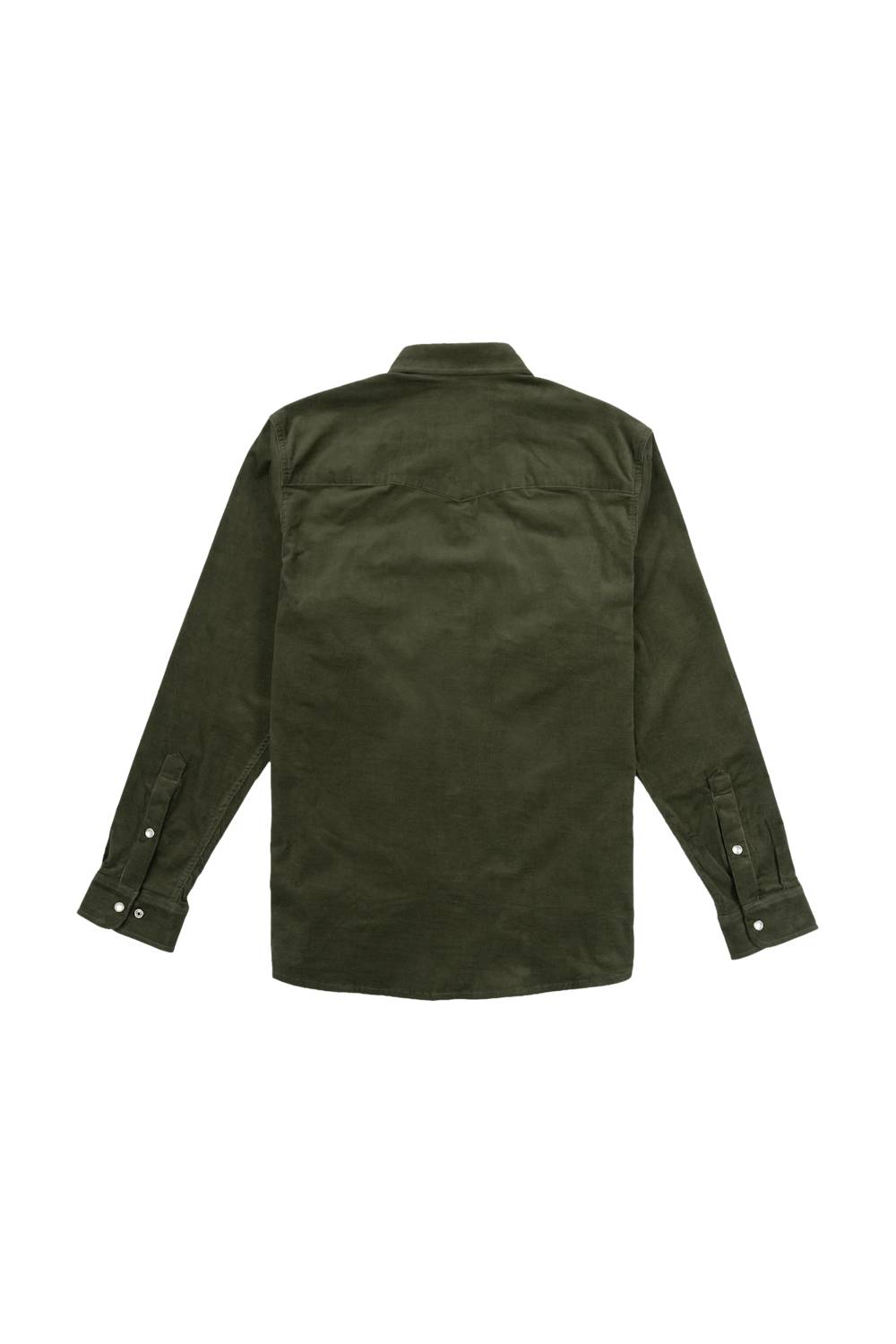 An olive green long-sleeve button-up shirt shown from the back, laid flat against a solid white background.