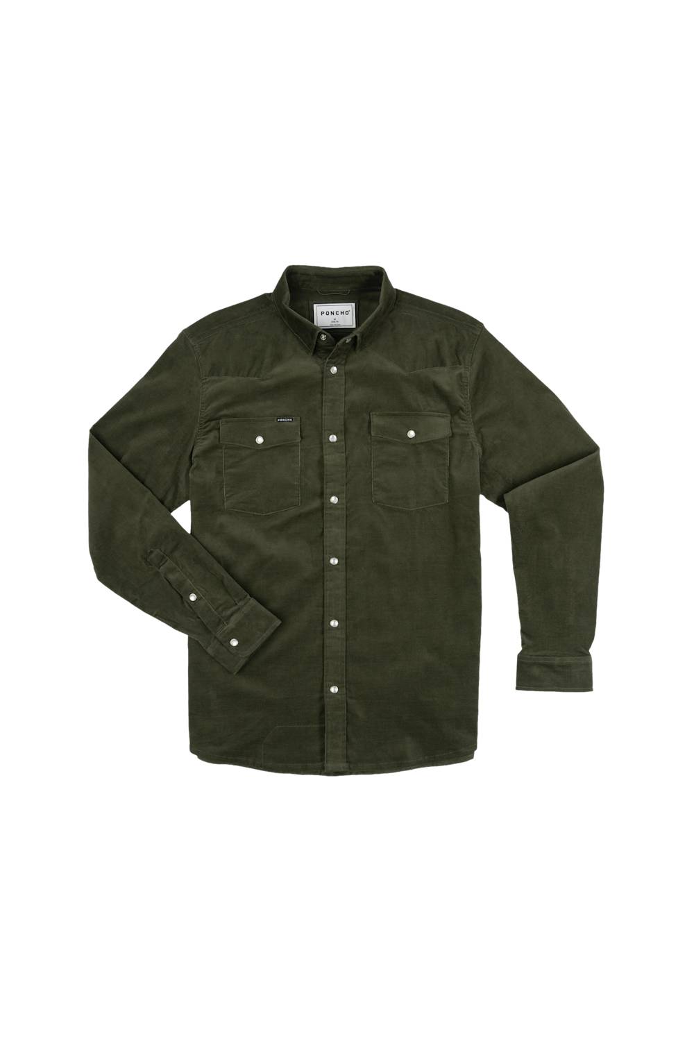 An olive green corduroy button-down shirt jacket with two chest flap pockets and silver snap buttons, displayed flat against a plain white background.