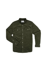 An olive green corduroy button-down shirt jacket with two chest flap pockets and silver snap buttons, displayed flat against a plain white background.