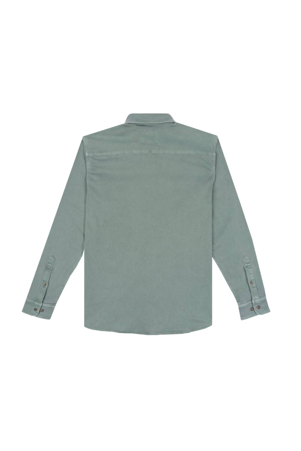 A sage green long-sleeve button-down shirt shown from the back, laid flat against a solid white background.