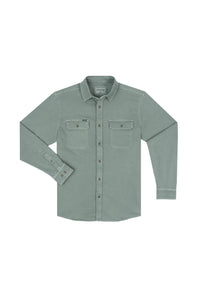 A sage green long-sleeve button-up shirt with two chest flap pockets, laid flat on a white background.