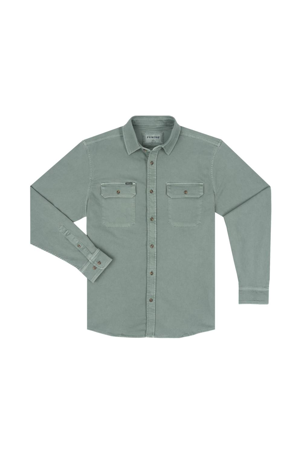 A sage green long-sleeve button-up shirt with two chest flap pockets, laid flat on a white background.