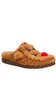 A single plush brown slipper with a teddy bear face design, featuring a red nose, black eyes, and a small brown bow on the strap, shown against a plain white background.